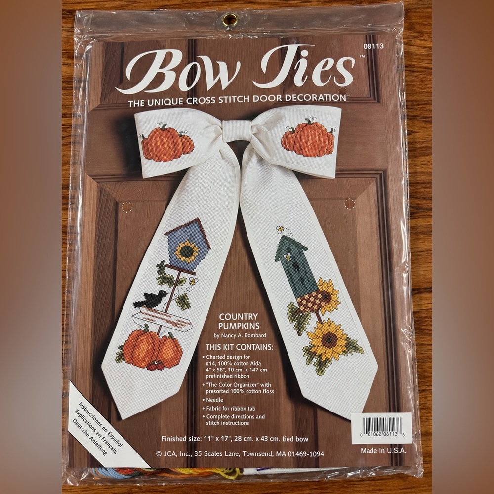 JCA Bow Ties Country Pumpkin Cross Stitch Kit #08113 Fall Door Bow Vintage